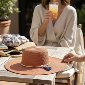 Elegant Tan Straw Hat with Blue Tassel